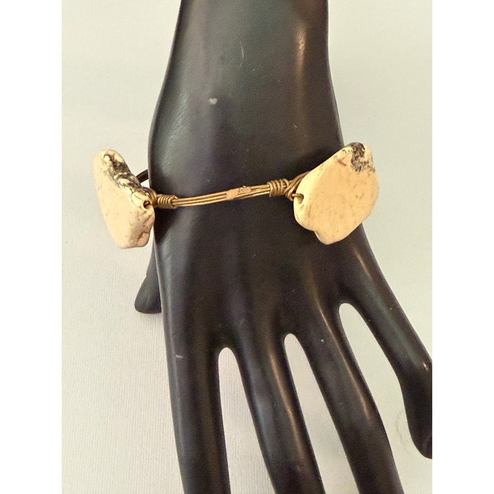 Artisan Wire Wrapped Bangle Women 7.5‎ Cream Tan Boho Stone Natural